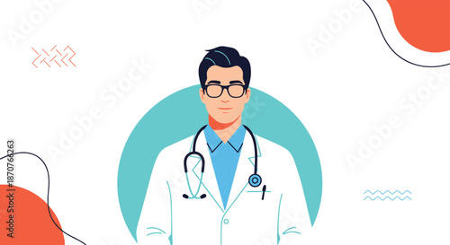Confident male doctor in a white coat and glasses with a stethoscope standing against a decorative blue and orange background.