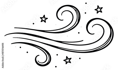 Hand drawn line art illustration of swirling wind depicting air movement with stars and dots for weather or magic concepts