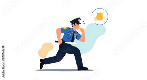 Determined policeman in uniform running and blowing a whistle while chasing something against a white and light blue background.