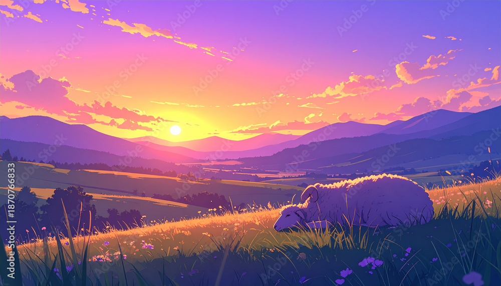 Obraz premium 夕日に輝く山と草原の羊のイラスト風景