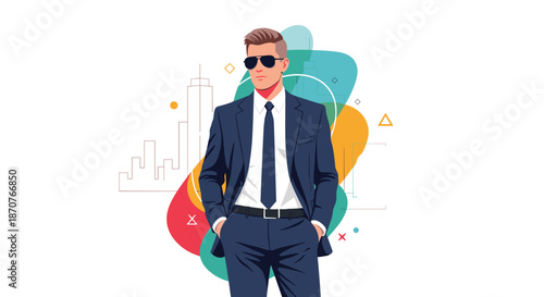 Sophisticated businessman in a dark blue suit and sunglasses standing confidently with his hands in his pockets.