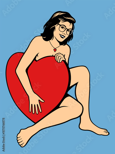 Pretty woman hugs a red big heart and covered by towel. Valentines Day design in retro pin up and pop art style with copy space.