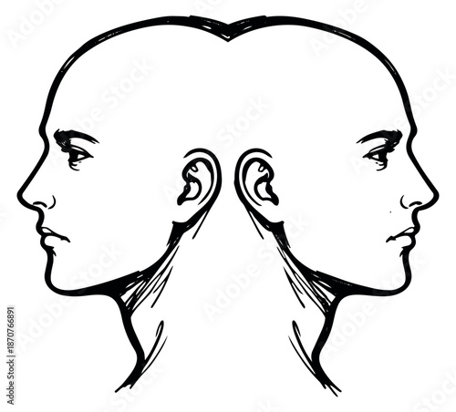 Hand drawn line art illustration of mirrored human head profiles depicting duality for psychological concepts