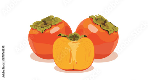Three ripe orange persimmon fruits, one sliced in half, shown on a white background as a healthy autumn food option.