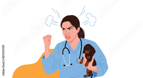 Angry female nurse in blue scrubs holding a small dachshund puppy while shouting with steam coming out of her head.