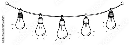 Hand drawn line art light bulb garland set featuring glowing string lights for party decoration