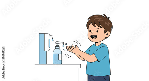Young boy carefully washing his hands with liquid soap at a white sink to maintain good personal hygiene and health.