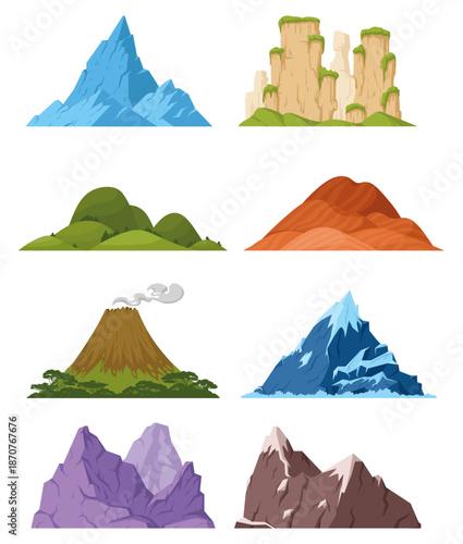 Stylized mountain terrain vector set featuring icy peaks, desert dunes, green hills, sandstone pillars, volcano, rocky mountains, and fantasy cliffs. Flat cartoon landscape elements isolated on white 