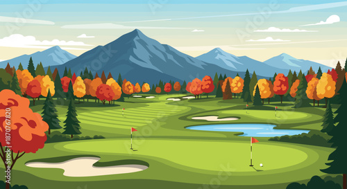 Picturesque landscape of a green golf course with sand bunkers, a pond, and autumn trees against high blue mountains.