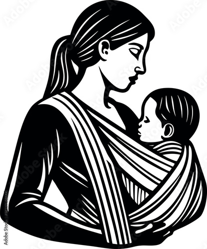 Mother carrying baby in a sling in a black and white illustration
