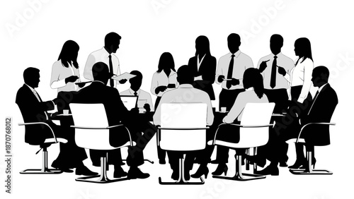 Corporate Meeting Silhouette Group Discussion with Laptops and Presentation