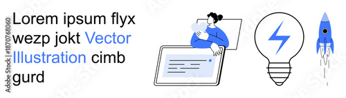 Digital innovation, technology, startup goals, creative brainstorming, online education, future solutions. Person at laptop, lightbulb rocket launching visuals. Digital innovation and technology