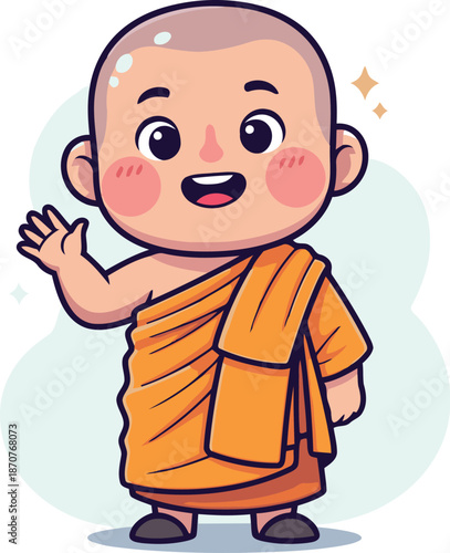 An adorable cartoon baby monk with a shaved head cheerfully waves his hand, embodying a playful spirit and a friendly welcome.