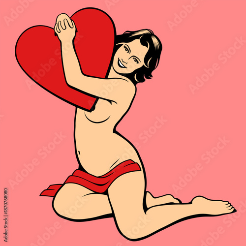 Pretty woman hugs a red big heart and covered by towel. Valentines Day design in retro pin up and pop art style with copy space.