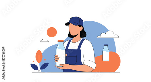 Hardworking female farmer in blue overalls and a cap holding a glass bottle of fresh milk in an outdoor country setting.