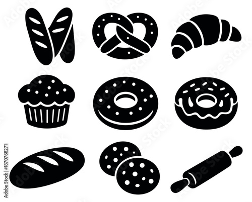 Simple icon bakery items set featuring baguettes, donuts, and pastries for food and cooking design