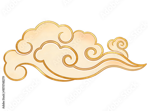 Traditional Asian Auspicious Cloud Illustration with Golden Outlines on White Background, Elegant Oriental Design Element for Culture and Spirituality