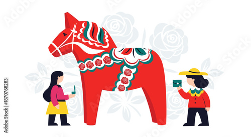 Large red Swedish Dala horse with traditional painted patterns and two girls standing beside it with small gifts.