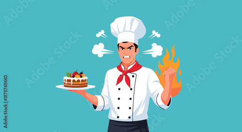 Furiously angry chef with steam blowing out of his ears holds a delicious cake while standing in front of a blue background with flames.