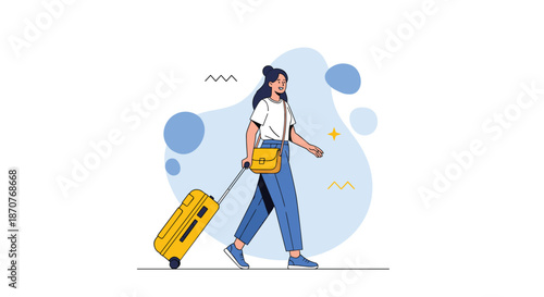 Smiling young woman walks confidently while pulling a yellow rolling suitcase and carrying a shoulder bag against a blue background.