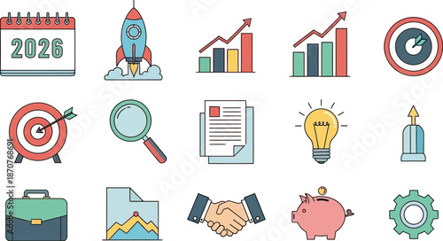 Dynamic collection of business concept icons portraying growth, finance, innovation, and strategic success. Essential visuals for corporate planning, analytics, and marketing needs