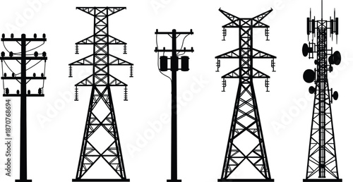Utility pole illustration, electrical distribution vector, steel transmission tower design, telecommunications tower with antennas, transformers on pole, infrastructure energy communication concept