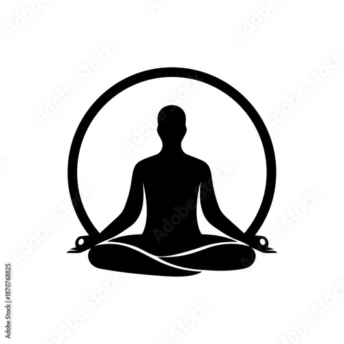 Seated human figure in meditation pose within a circular frame, representing mindfulness, inner peace, balance, and holistic well-being.
