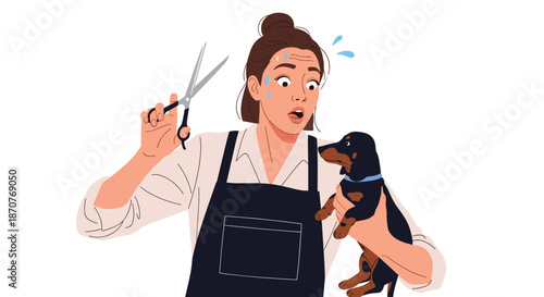 Surprised female groomer with sweat drops on her forehead looks shocked while holding a small dachshund dog and a pair of scissors.