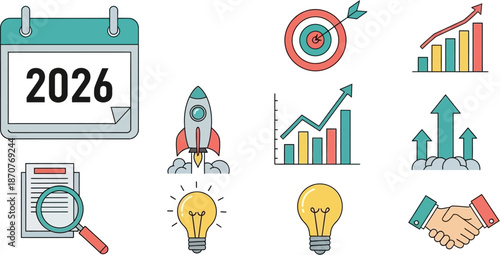 Dynamic collection of vibrant business concept icons representing strategic planning, financial growth, future vision, startup innovation, and successful partnership collaboration