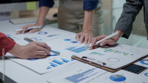 Collaborative strategy meeting office business presentation modern workspace close-up teamwork and analysis