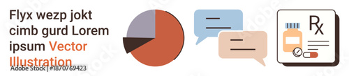 Data analysis, communication, healthcare services, pharmacy, conversations, medical records. A pie chart, speech bubbles and a prescription label. Data analysis and communication