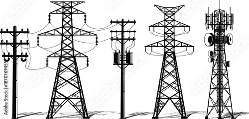 Utility pole illustration, electricity transmission tower vector, telecommunications tower with antennas, power distribution infrastructure, energy grid design, electrical engineering concept art