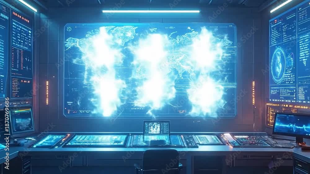 Futuristic control room displaying a world map with glowing data points ...