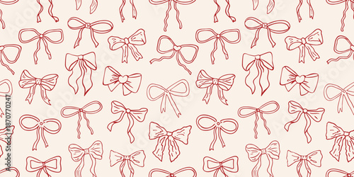 Vector seamless pattern with various hand drawn red bow knots, gift bows, ribbons. Cute coquette background. Wedding celebration print, party decoration,present concept,wrapping paper,textile design. 