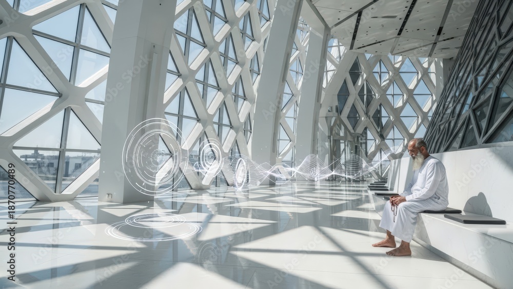 Fototapeta premium Ethereal Contemplation: Older Man Praying in Futuristic White Marble Mosque with Holographic Spiritual Energy Interfaces