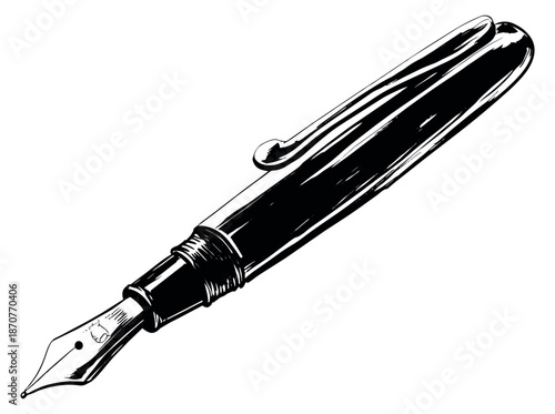 Hand drawn illustration of a fountain pen depicting a classic writing instrument for elegant communication and stationery designs