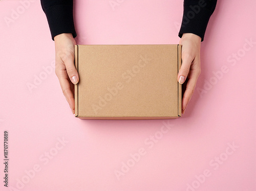 Female hands holding a plain cardboard box on pink background with copy space. Concept of delivery, packaging, online shopping, e-commerce, gift, subscription box, business presentation. 