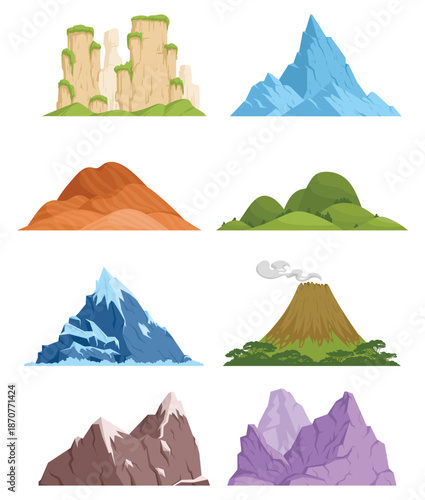 Stylized mountain terrain vector set featuring icy peaks, desert dunes, green hills, sandstone pillars, volcano, rocky mountains, and fantasy cliffs. Flat cartoon landscape elements isolated on white 