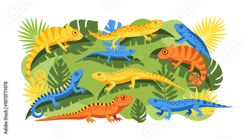 Colorful Lizards and Chameleons in Lush Green Tropical Foliage. Lunar New Year Vector Illustration. EPS Editable