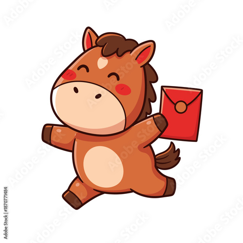 Cute Cartoon Horse Delivering Red Envelope Happy New Year. Lunar New Year Vector Illustration. EPS Editable