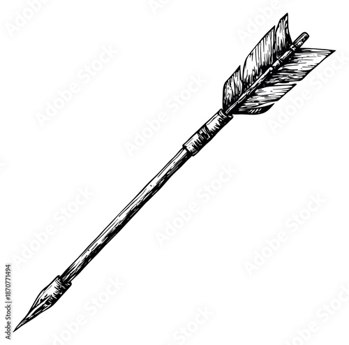 Hand drawn illustration of an arrow depicting a traditional design for archery concepts