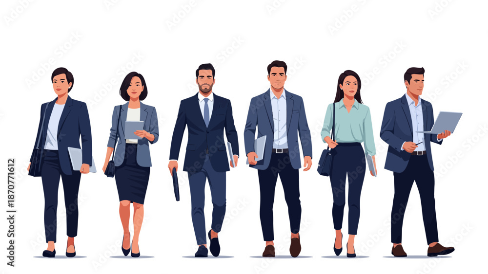 Obraz premium Diverse group of business professionals walking together dressed in formal attire on a white background. Lunar New Year Vector Illustration. EPS Editable