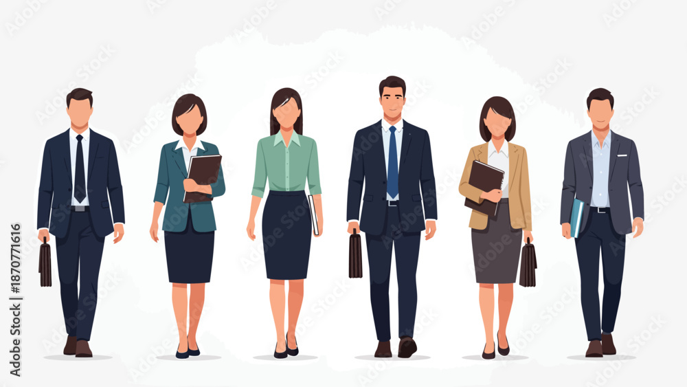 Fototapeta premium Diverse group of business professionals walking forward dressed in formal attire ready for work. Lunar New Year Vector Illustration. EPS Editable