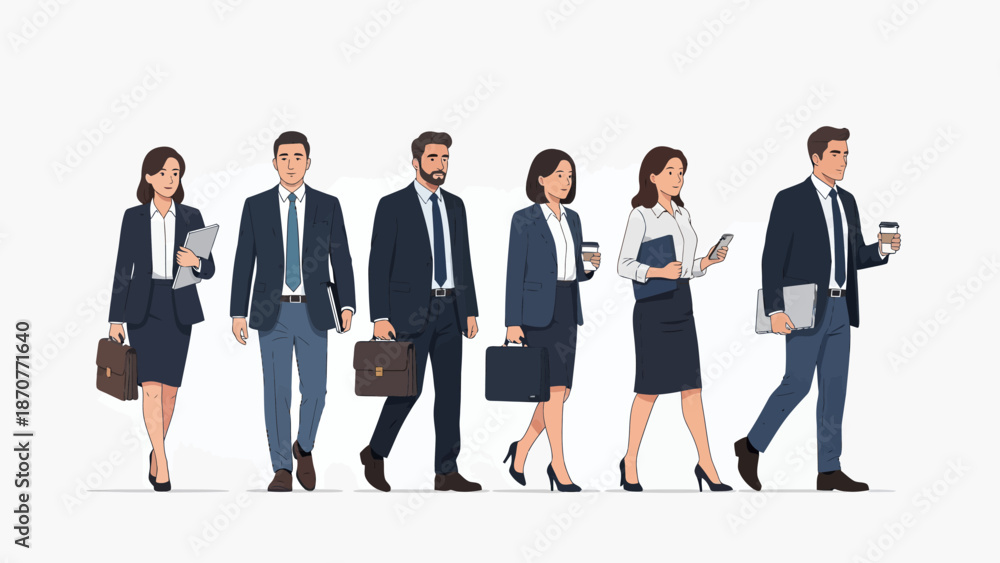 Obraz premium Diverse group of business professionals walking together showcasing teamwork and corporate success. Lunar New Year Vector Illustration. EPS Editable