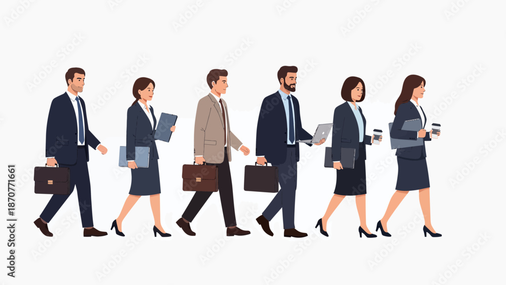 Obraz premium Diverse group of business professionals walking together showcasing teamwork and corporate unity. Lunar New Year Vector Illustration. EPS Editable