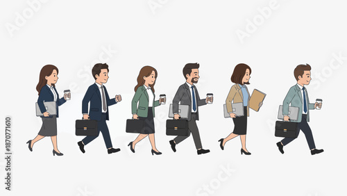 Diverse group of business professionals walking together holding coffee and briefcases in a cartoon style. Lunar New Year Vector Illustration. EPS Editable