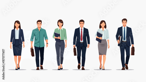 Diverse group of business professionals walking forward showcasing modern corporate attire and confident expressions. Lunar New Year Vector Illustration. EPS Editable