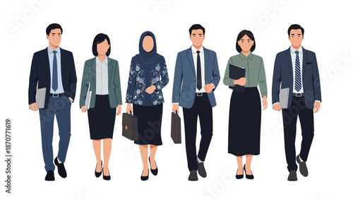 Diverse group of business professionals walking together dressed in formal attire on a white background 1. Lunar New Year Vector Illustration. EPS Editable