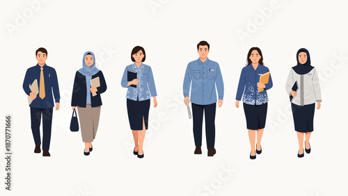 Diverse Group of Indonesian Civil Servants Walking Together in Formal Attire. Lunar New Year Vector Illustration. EPS Editable