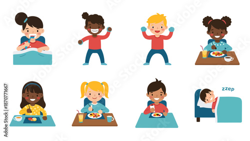Diverse group of children engaged in daily activities like eating playing and sleeping illustrating a healthy routine. Lunar New Year Vector Illustration. EPS Editable
